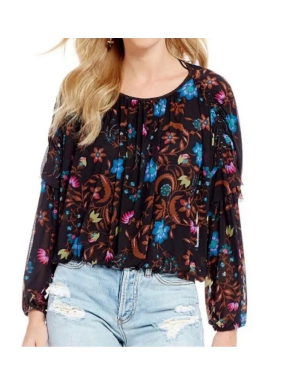 Free People Wildflower Honey Mesh Ruffle Peasant Blouse Size S